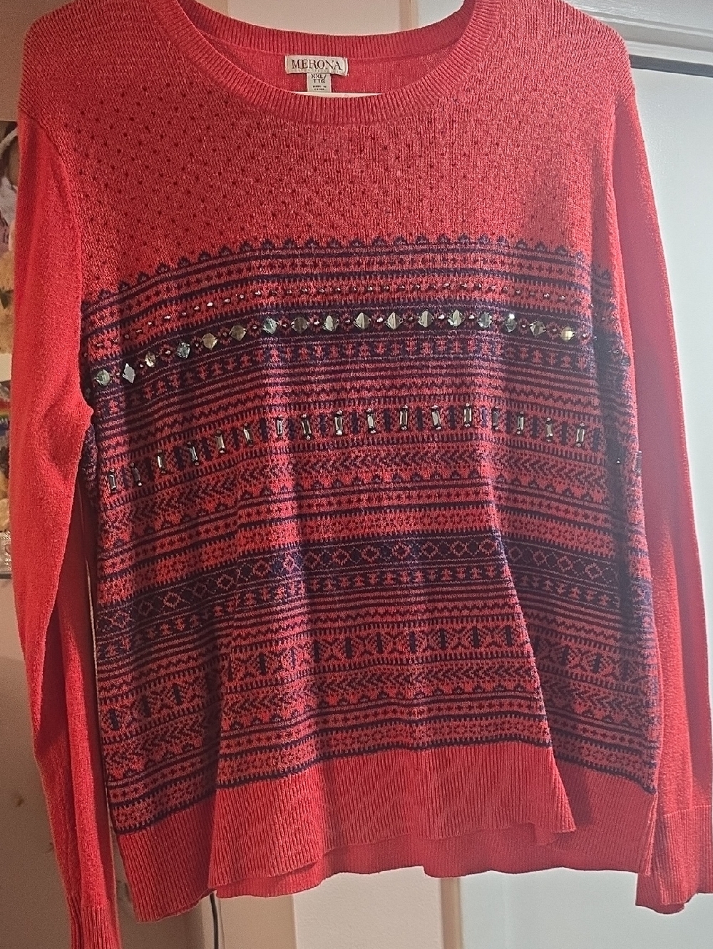 Merona Red Patterned Crewneck Sweater with Stud Accents